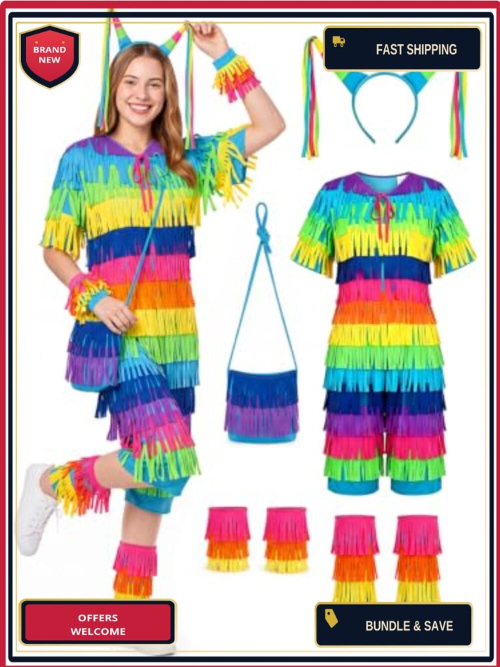 Pinata Costume Women 5-Piece Fringe Jumpsuit Halloween Outfit Set